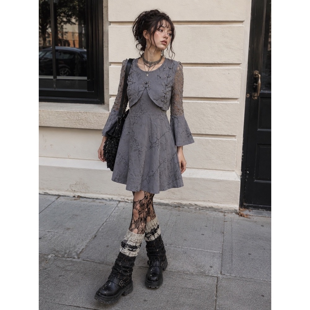 Dark Cottagecore Gray Branch Print Dress Lace Sleeves Fairy Grunge Witchcore S